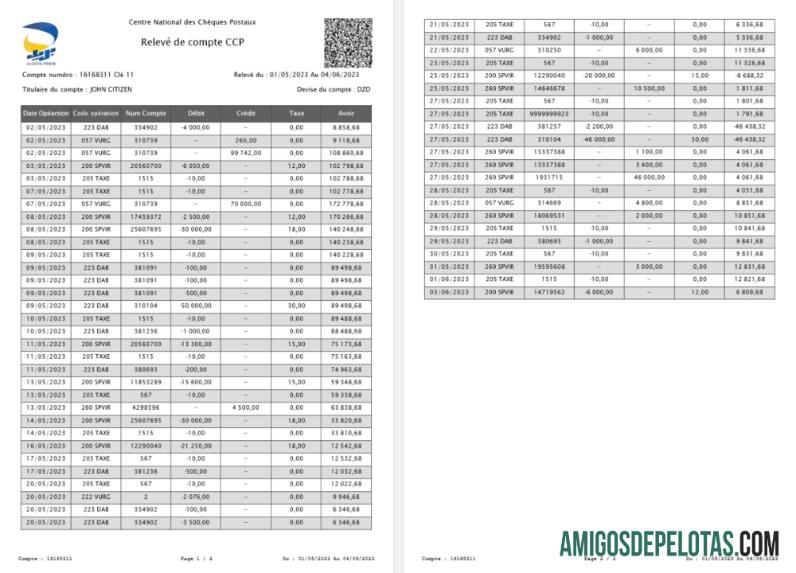 imprimível França França Centro Nacional de Cheques Postais Extrato de Conta CCP Modelo Word e PDF